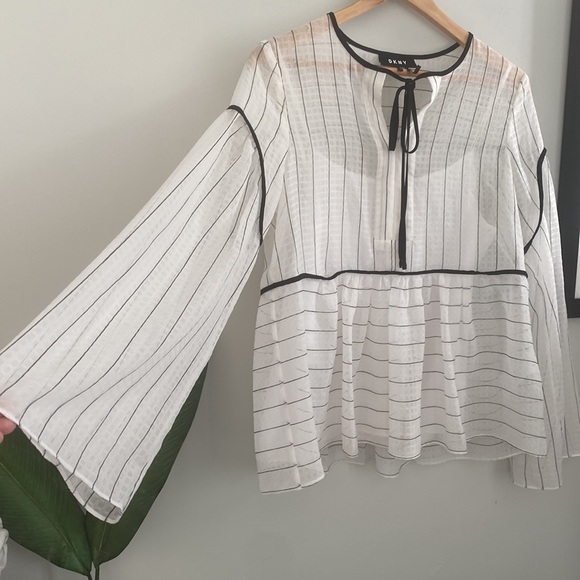 DKNY Sheer Black Striped Tie Front Blouse - Picture 7 of 13